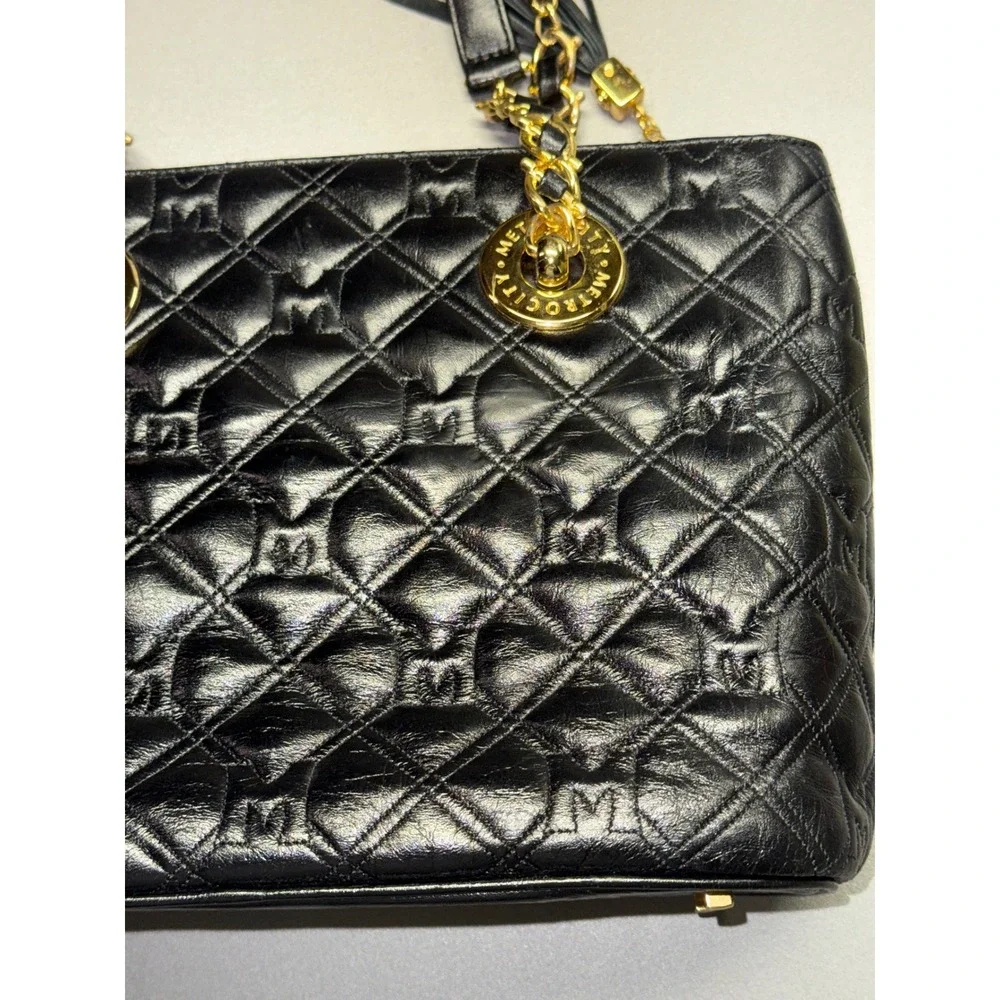 Metrocity Black Quilted Leather‎ Tote Bag Gold Hardware Logo Charm Shoulder Bag